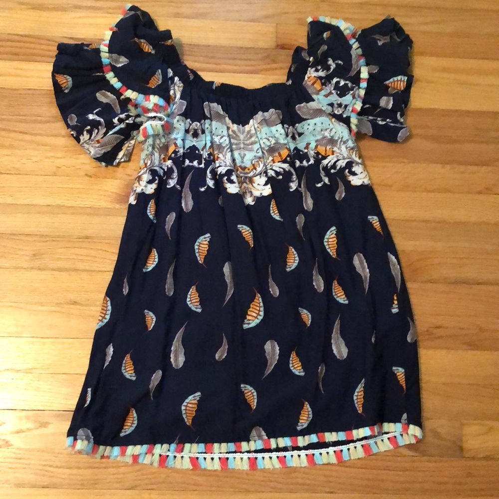 Navy feather print off the shoulder dress.